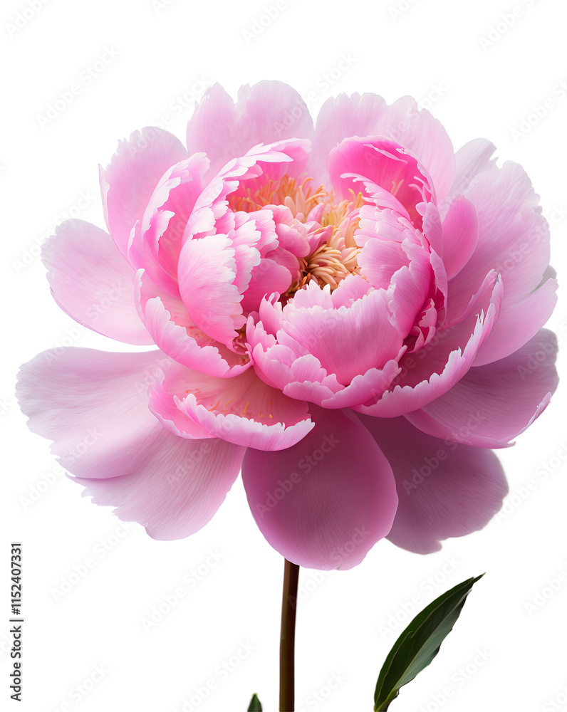 Pink peony flower with stem and green leaves Pink peony flower with stem and green leaves