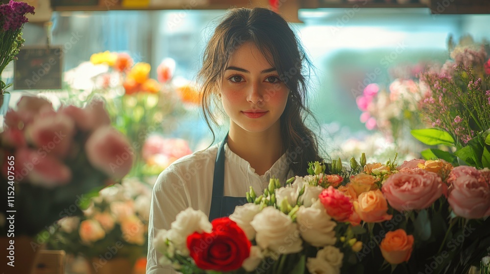 Female Florist Creating a Beautiful Bouquet in a Sunlit Flower Shop, Surrounded by Fresh Roses, Lilies, and Daisies, Warm and Artistic Atmosphere Female Florist Creating a Beautiful Bouquet in a Sunlit Flower Shop, Surrounded by Fresh Roses, Lilies, and Daisies, Warm and Artistic Atmosphere