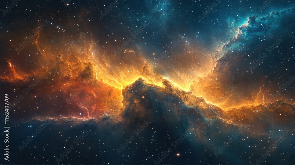 Fototapeta premium Vibrant nebula swirling with colors, glowing stars scattered throughout, deep space background.