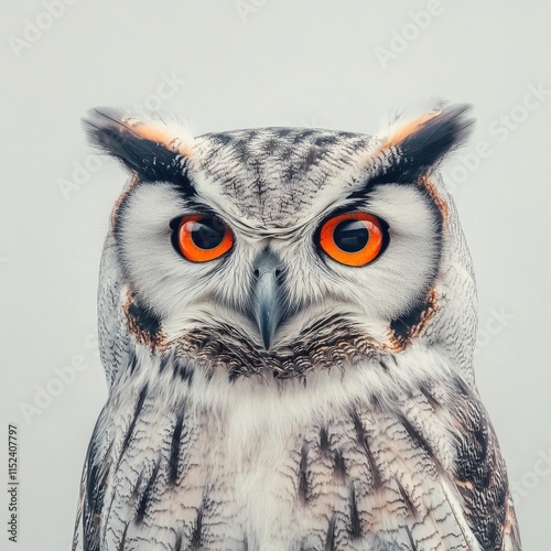 close up of a grey and white owl with orange eyes photo