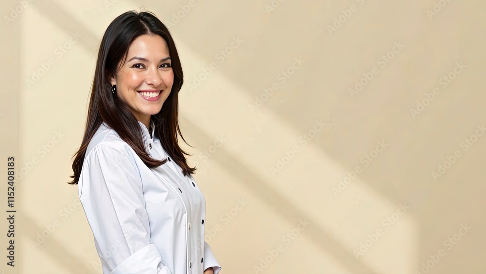 A pastry chef smiling at the camera. She has medium-length, straight dark hair and wears a white chef’s coat with a chef’s hat. The background is a soft, light cream color A pastry chef smiling at the camera. She has medium-length, straight dark hair and wears a white chef’s coat with a chef’s hat. The background is a soft, light cream color