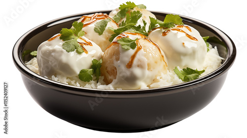 Flavorful dahi vada with potatoes and yogurt, showcasing the essence of Indian cuisine and spices, studio view, isolated on transparent background. photo