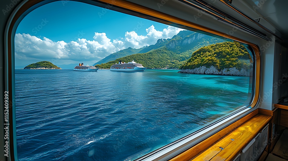 Fototapeta premium Ocean view from ship window; three cruise ships at sea near lush green islands under a blue sky with clouds.