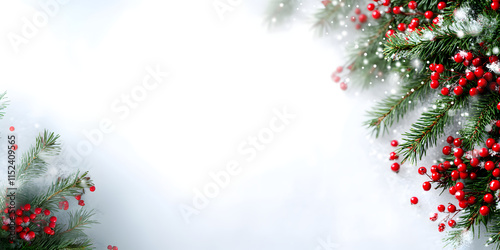 Christmas tree branches decorated with berries. snow. frost. snow-white background. banner. place for text