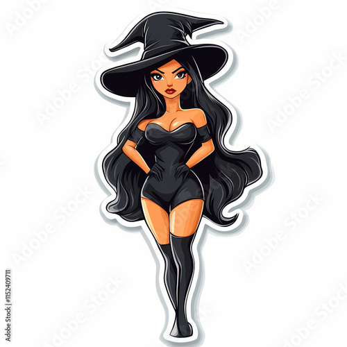 Stylish girl in witch character in black outfit and pointed hat posing confidently. Generative AI photo