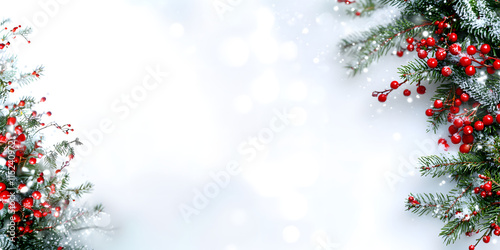 Christmas tree branches decorated with berries. snow. frost. snow-white background. banner. place for text