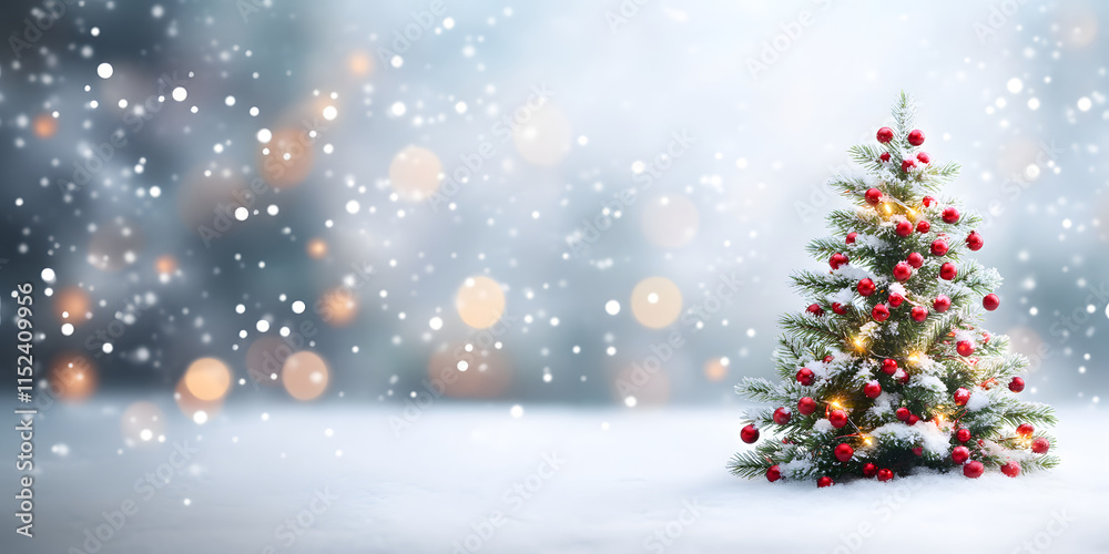Christmas tree decorated with New Year's decorations. stands in a snowy forest. the white background is blurred with a bokeh effect creating a fabulous atmosphere. New Year Christmas tree decorated with New Year's decorations. stands in a snowy forest. the white background is blurred with a bokeh effect creating a fabulous atmosphere. New Year