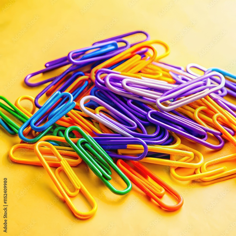 Colorful Paper Clips Arranged on a Bright Yellow Surface Showing Standard Scale. Generative AI Colorful Paper Clips Arranged on a Bright Yellow Surface Showing Standard Scale. Generative AI