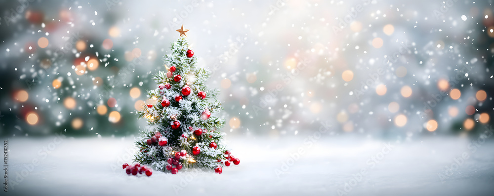 Christmas tree decorated with New Year's decorations. stands in a snowy forest. the white background is blurred with a bokeh effect creating a fabulous atmosphere. New Year Christmas tree decorated with New Year's decorations. stands in a snowy forest. the white background is blurred with a bokeh effect creating a fabulous atmosphere. New Year