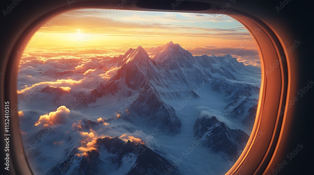 Naklejka premium Aerial sunset view of majestic snow-capped mountains through airplane window.