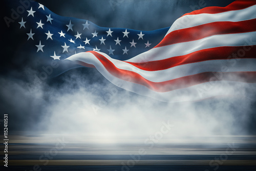 Dramatic stage setup, product showcase with smoke effects, featuring the stars and stripes flag, evoking a patriotic American event atmosphere for inauguration, 4th of July, Independence Day.
