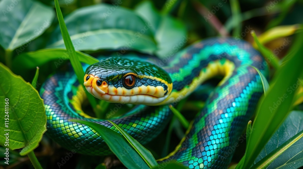 Close-Up Nature Photography of a Snake in Vibrant Colors and Natural Habitat