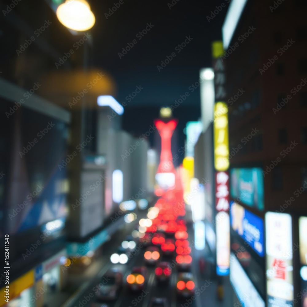 Fototapeta premium Blurry cityscape at night, neon lights, red tail lights, busy street, urban landscape, bokeh effect, downtown atmosphere, tall buildings, glowing signs, vibrant colors, long exposure, motion blur, cin