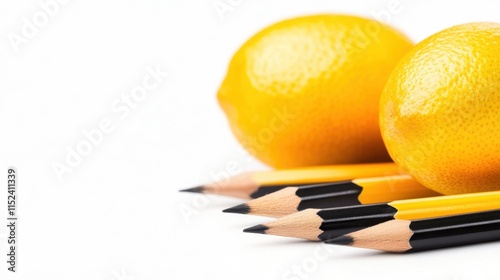 Bright Lemons and Pencils on White Background