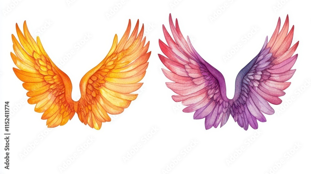 Obraz premium Hand drawn watercolor paintings vibrant feather set. Boho style wings. illustration isolated on white. Bird fly design for T-shirt, invitation, wedding card