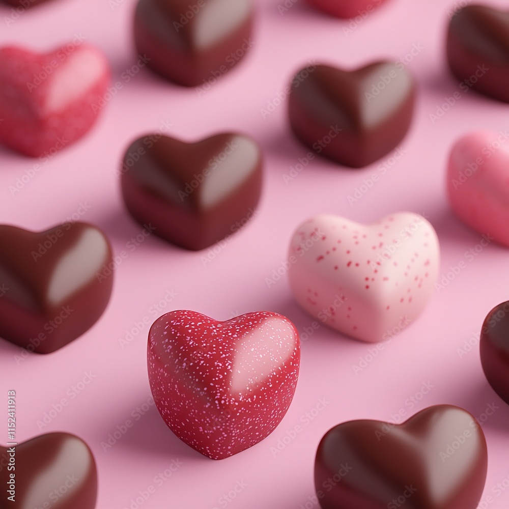 Obraz premium Valentine's Day Romantic Chocolate Heart Candies Valentines Day Sweets Pink Background