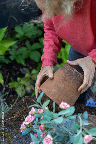 Obraz na płótnie Senior woman carefully tending to her potted plants, nurturing vibrant flowers. w salonie