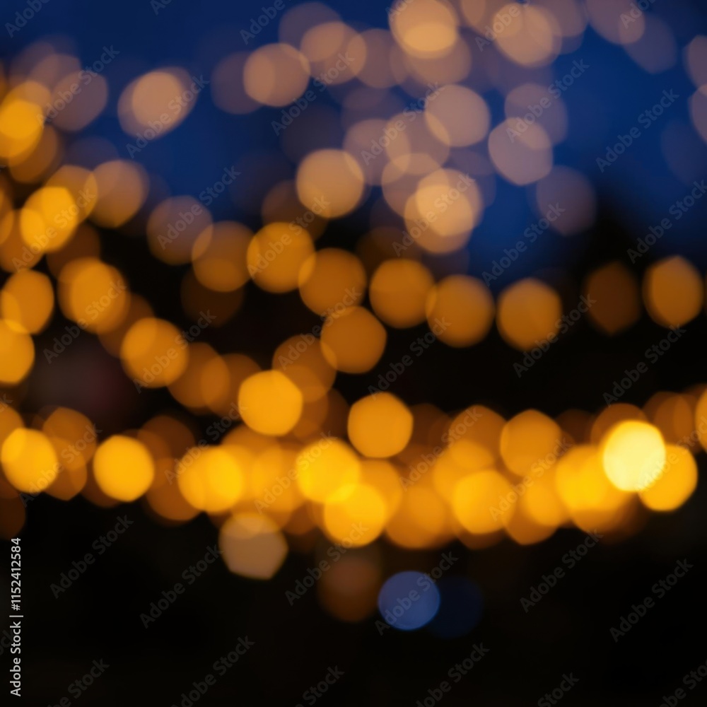 Defocused string lights, warm golden bokeh, twilight blue background, festive atmosphere, soft glow, nighttime ambiance, blurred fairy lights, depth of field, abstract light pattern, romantic mood, ou Defocused string lights, warm golden bokeh, twilight blue background, festive atmosphere, soft glow, nighttime ambiance, blurred fairy lights, depth of field, abstract light pattern, romantic mood, ou