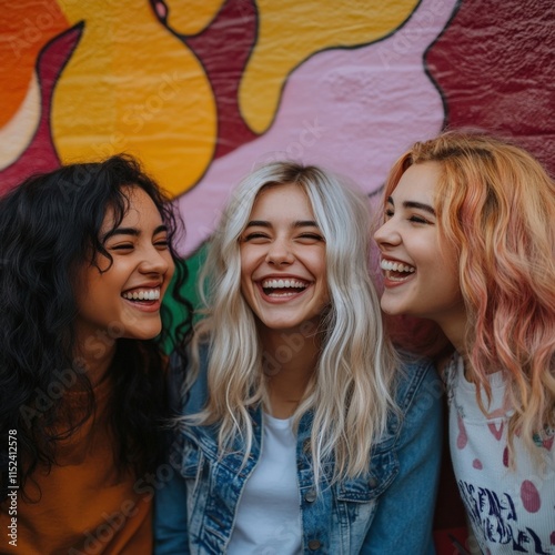 three young women smiling in front of a colorful mural