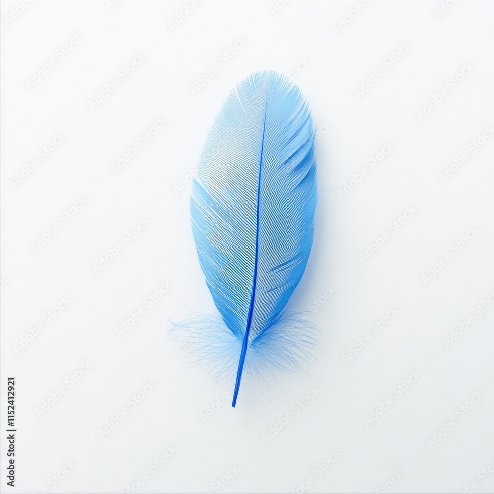 close up of a single blue feather on white close up of a single blue feather on white