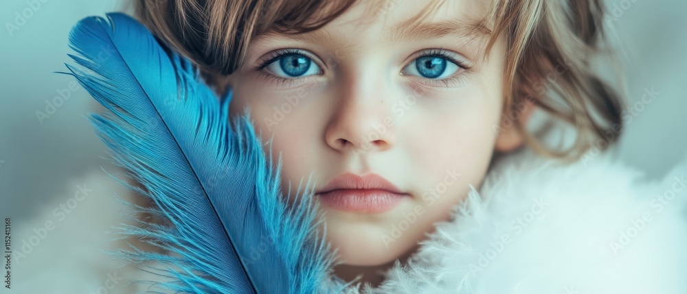 child holding blue feather portrait child holding blue feather portrait