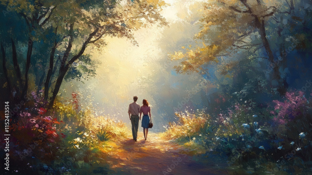 a couple walks down a path in a beautiful forest a couple walks down a path in a beautiful forest