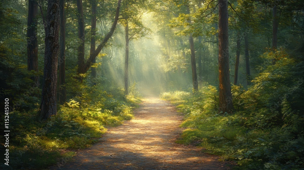 Fototapeta premium Misty forest path lined with tall trees, dappled sunlight filtering through leaves, inviting exploration.