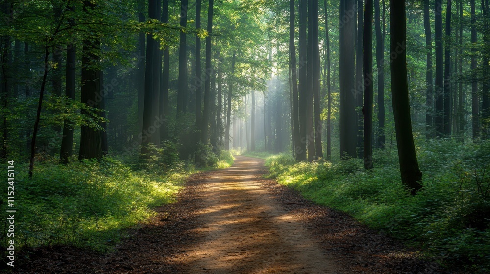 Obraz premium Misty forest path lined with tall trees, dappled sunlight filtering through leaves, inviting exploration.