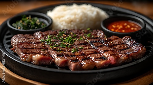 Grilled ribeye steak slices served with steamed rice, seaweed salad, and chili sauce on a black plate.