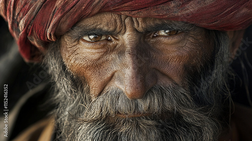 Detailed shot of a caravan leaderâs weathered face, with their turban blowing in the wind. photo