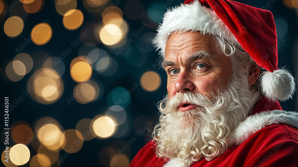 Santa Claus holding a cookie with festive lights
