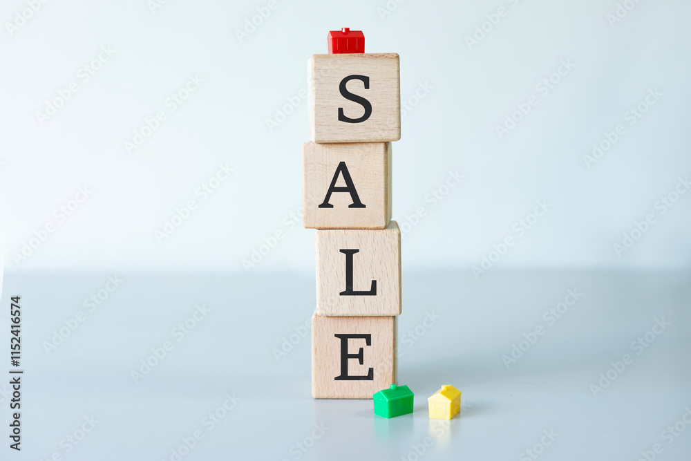 SALE text written on wooden blocks and small colorful houses on white background. Horizontal background SALE text written on wooden blocks and small colorful houses on white background. Horizontal background