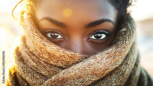 Close-up of a travelerâs face wrapped in a scarf, their eyes squinting against the sunlight. photo