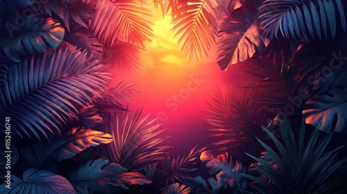 Vivid tropical sunset with vibrant gradients of coral, tangerine, and plum hues. Framed by lush tropical foliage, evoking a serene and exotic evening atmosphere in paradise.