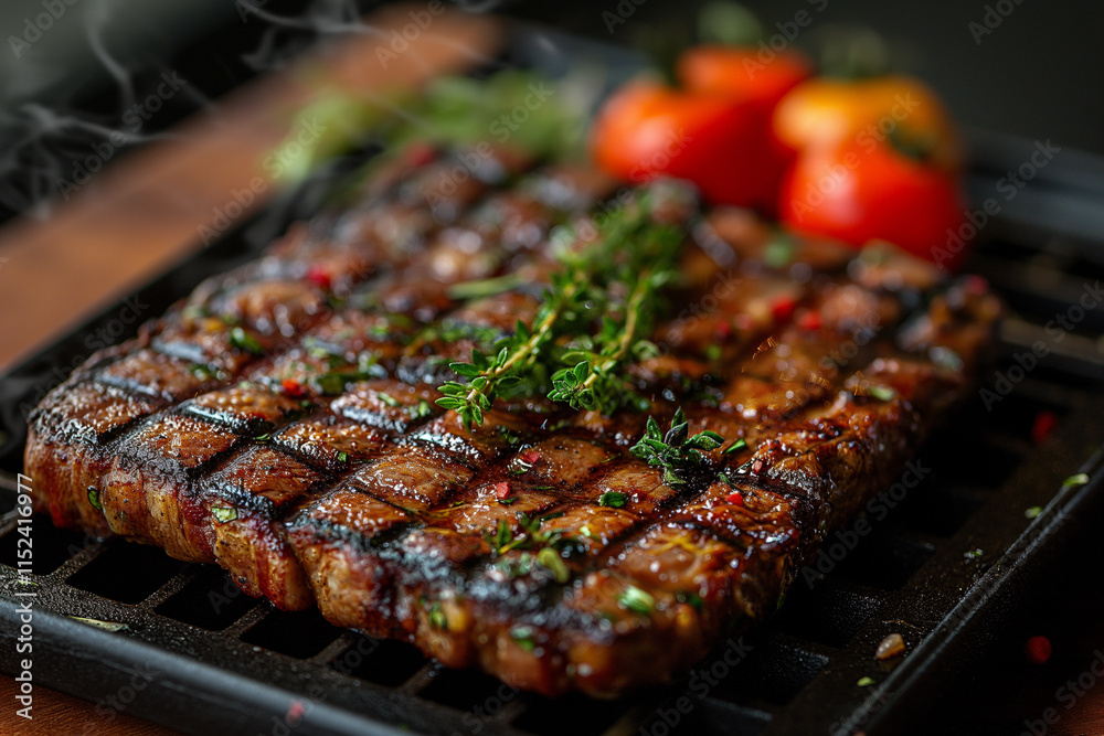Savory grilled steak garnished with fresh herbs and vibrant tomatoes on a dark background. Generative AI Savory grilled steak garnished with fresh herbs and vibrant tomatoes on a dark background. Generative AI