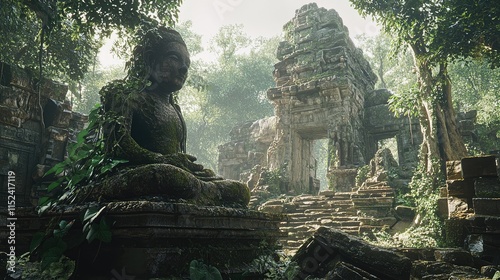Ancient temple ruins surrounded by lush jungle and a serene stat