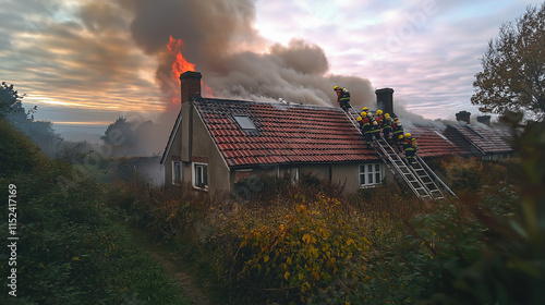 Firefighters put out a fire in a rural cottage with a roof made of wood and tiles.