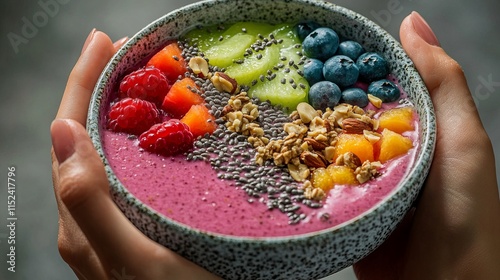 Colourful Smoothie Bowl: Vibrant Fruits and Superfoods - Overhead Vegan Food Photography photo