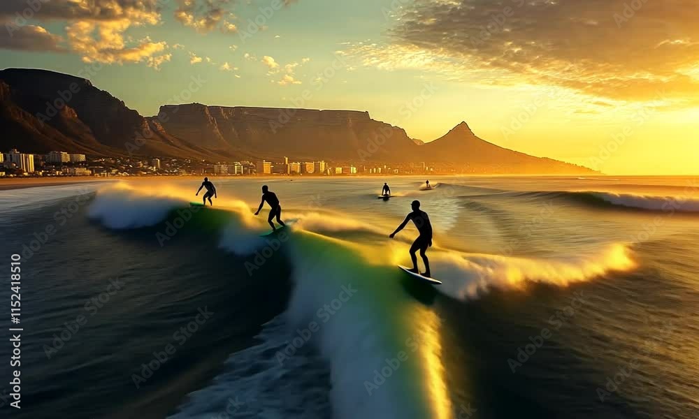 Golden Hour Surfing at Cape Town Beach: Silhouette Surfers Riding Waves Against Iconic Table Mountain