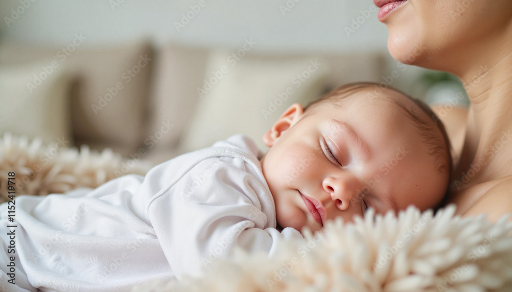 Mother cradling sleeping baby in soft blankets at home Mother cradling sleeping baby in soft blankets at home