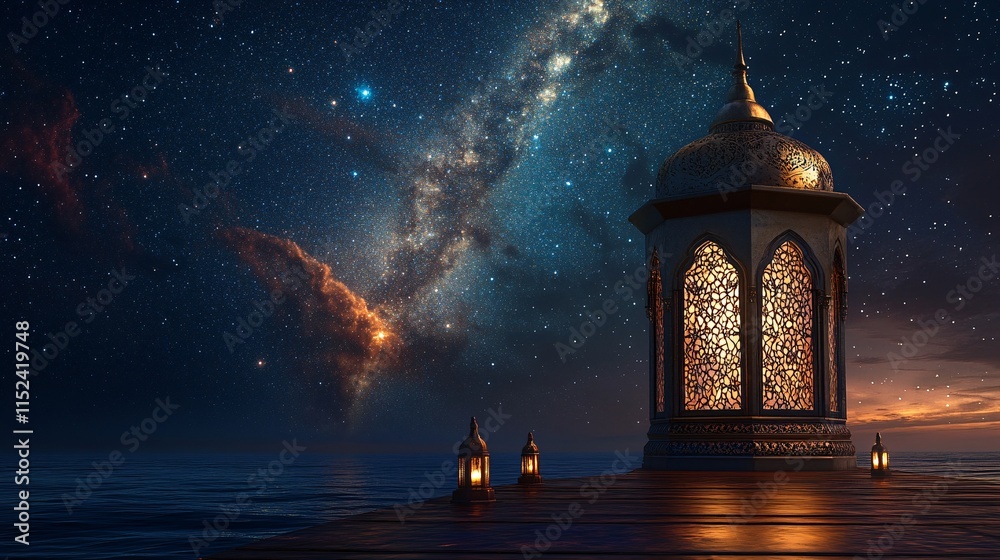 Fototapeta premium Ramadan Lantern Glowing in the Starry Night Sky