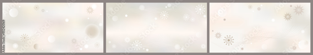 Fototapeta premium Set of horizontal delicate backgrounds nude shades with copy space. Vector banners blurred winter sky with snowflakes, spheres, waves. Light clouds mixed mesh, gradient