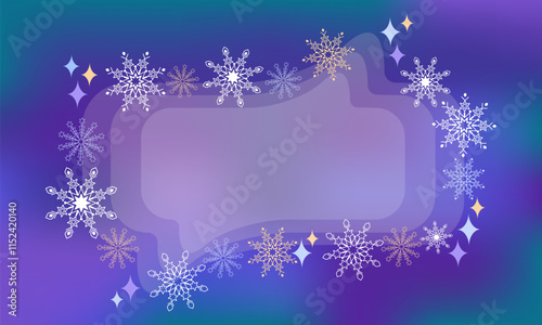 Transparent frame surrounded by beautiful winter snowflakes in light color on blurred background blue-green shades abstract blurs. Vector banner with space for copying. Snow elements white, yellow