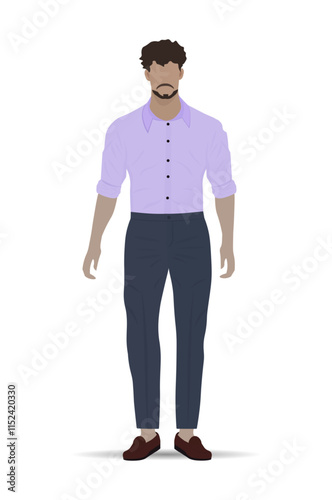  Stylish young African American man with a beard in a purple shirt and dark blue pants. Vector illustration. Not AI generated 