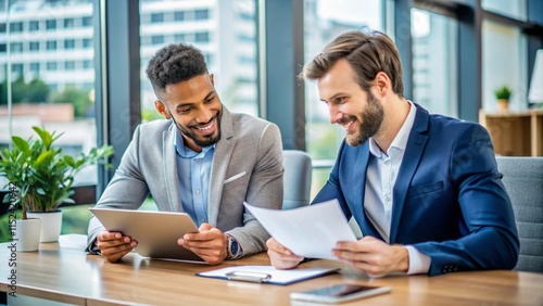 Two busy happy diverse male employees checking documents talking in office. Professional young business man manager financial advisor consulting client having conversation sitting at work meeting.