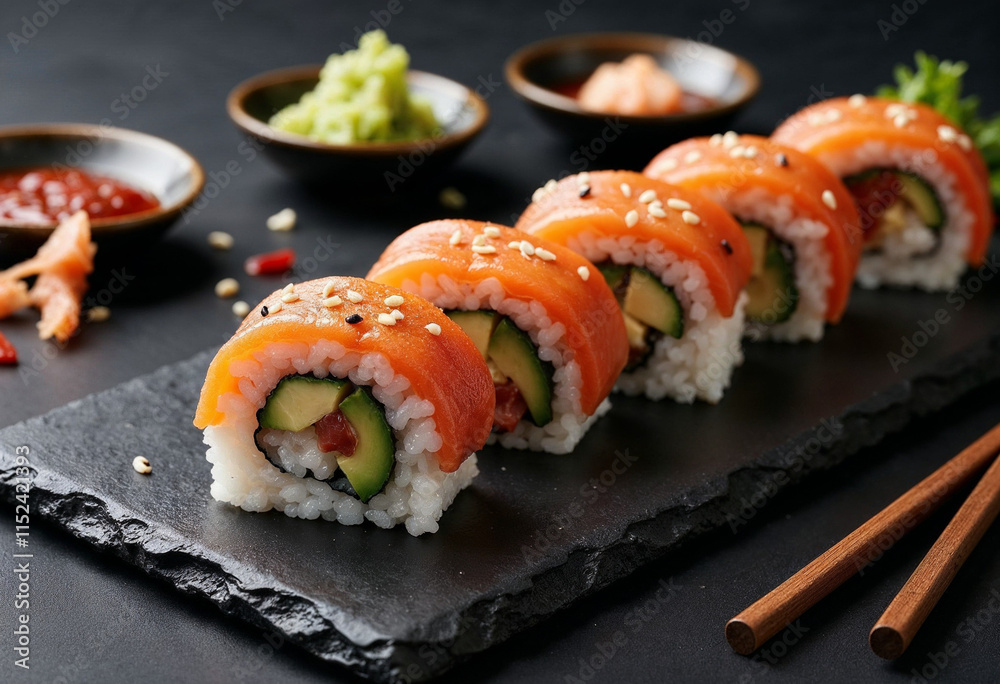 Fresh Sushi Rolls with Salmon, Avocado, Cucumber, and Sesame Seeds Fresh Sushi Rolls with Salmon, Avocado, Cucumber, and Sesame Seeds