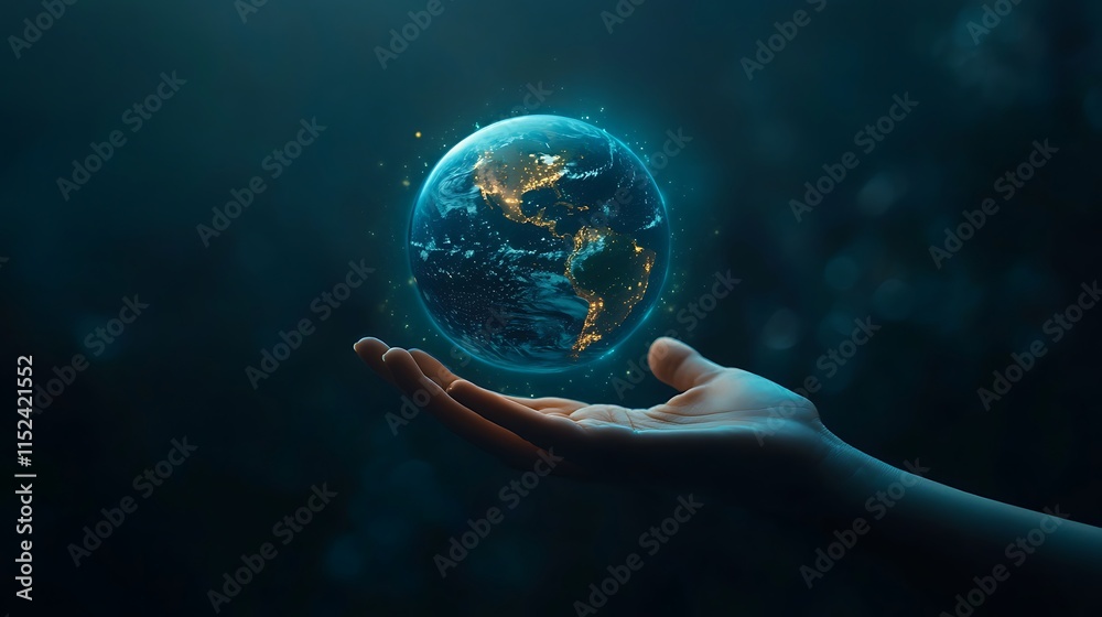 Creative hand presenting glowing holographic earth for inspiration image Creative hand presenting glowing holographic earth for inspiration image