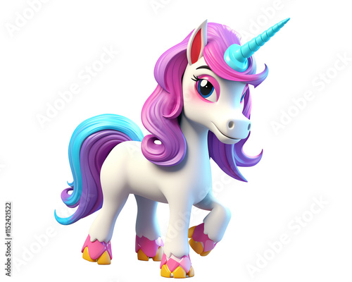 a cartoon unicorn with purple hair and a horn photo