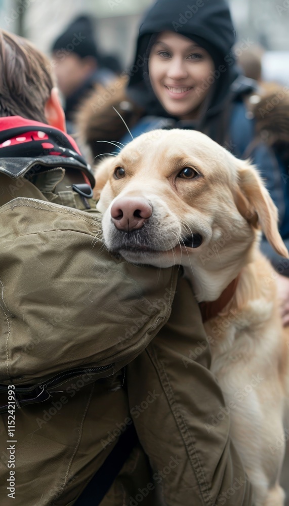A joyful moment dog embraced by owner, capturing love and connection in a heartwarming scene A joyful moment dog embraced by owner, capturing love and connection in a heartwarming scene