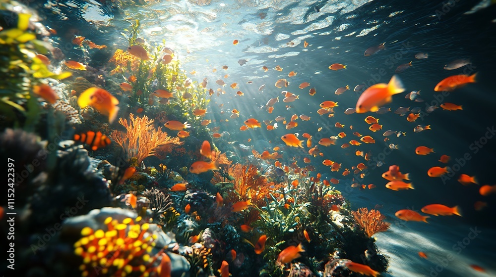 Naklejka premium Vibrant Reef Fish School Swimming Underwater Scene